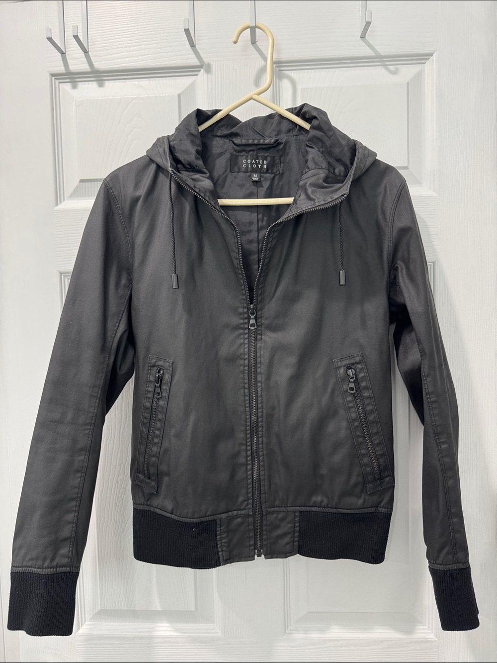 Coated Goods Black Hooded Faux Leather Bomber Jacket, from Uniqlo
